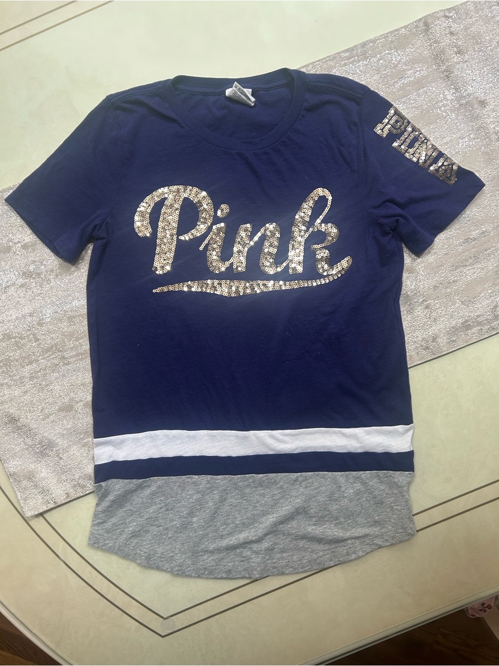 PINK Victoria's Secret Navy Short-Sleeve Tee with Sequin Logo